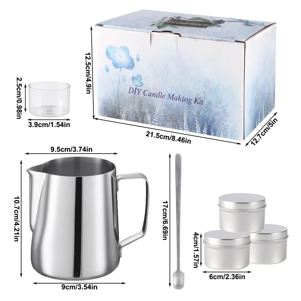 Supplier size diagram of the kit box, pitcher, jars and tins