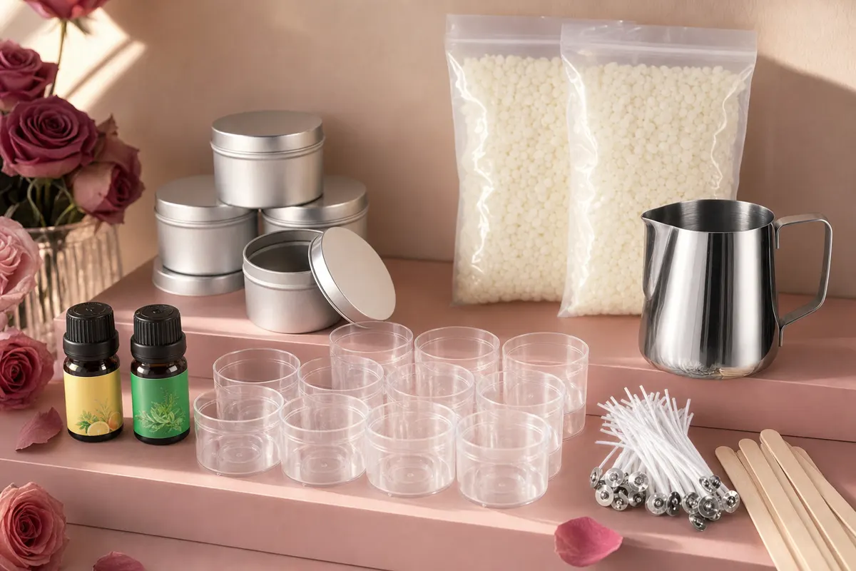 Candle tins and clear jars arranged beside bags of soy wax flakes