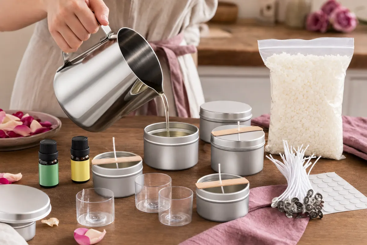 A kitchen table set up for candle making with the stainless pitcher, tins and wicks